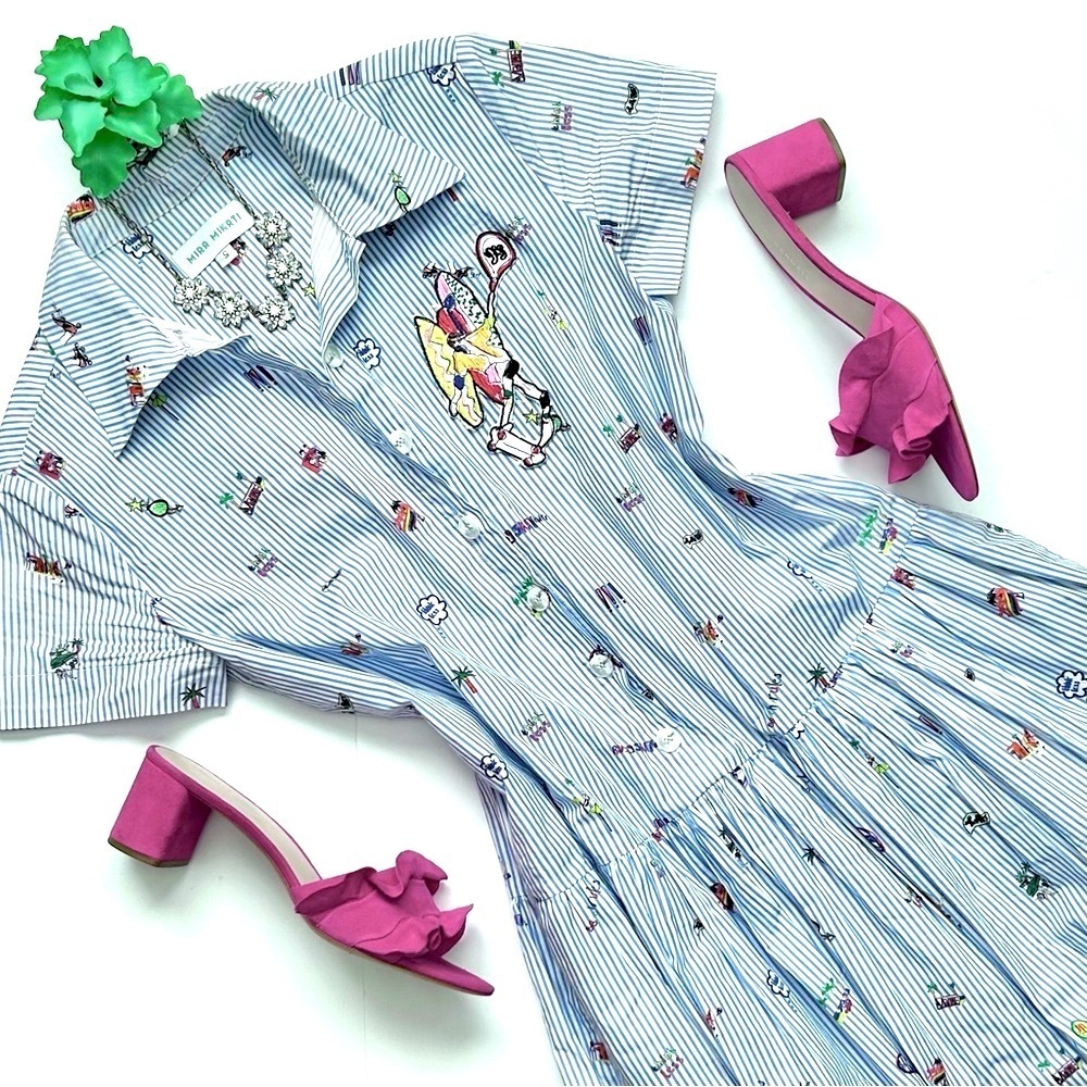 Mira Mikati Embroidered Dress Short Sleeve Button Front Striped Shirtdress S